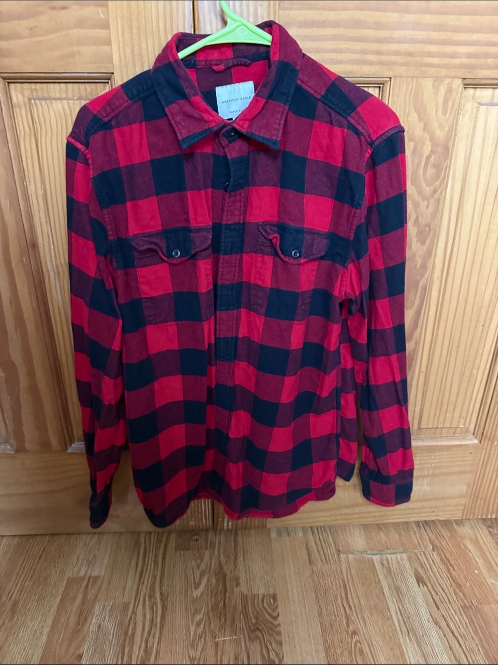 American Eagle Red and Black Plaid Flannel Shirt